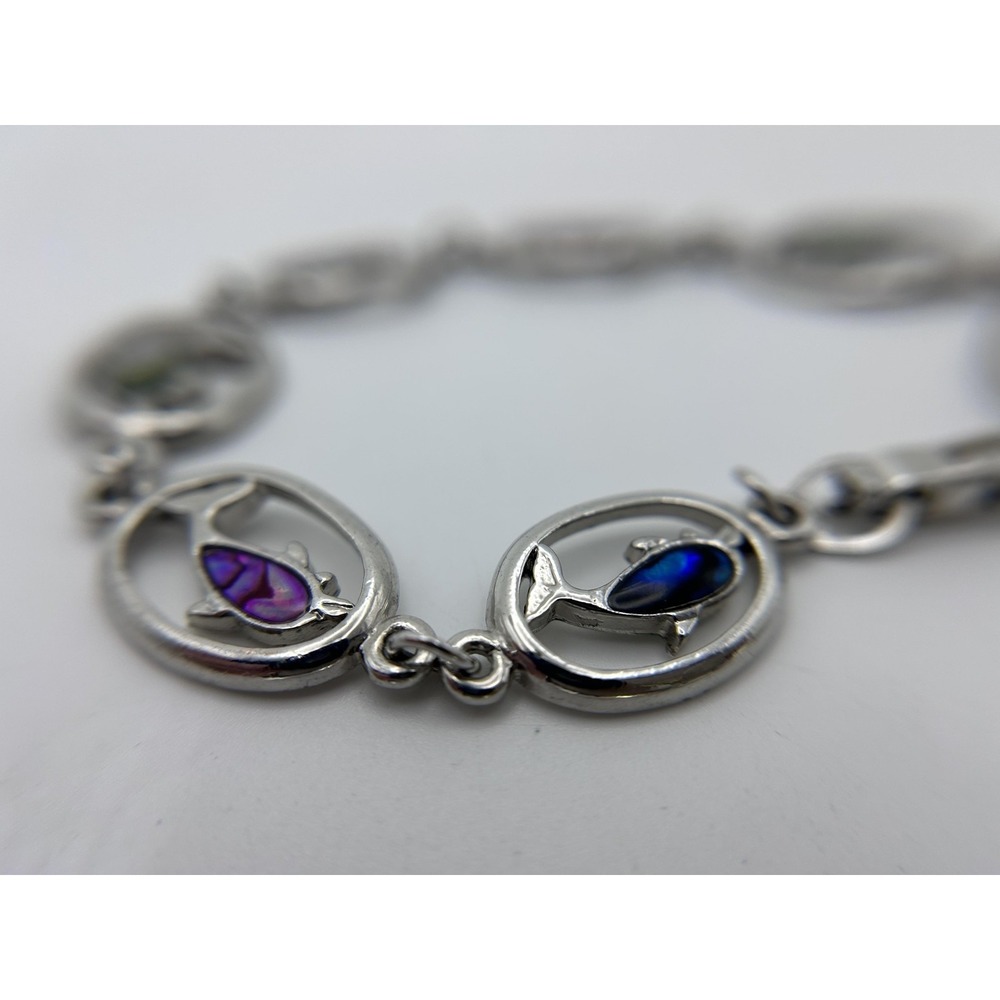 Vintage SJ Dolphin Bracelet & Ring Set Multicolor Abalone Inlay Silver Tone 7"